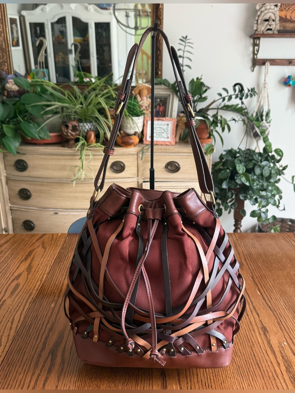 Vtg Etienne Aigner Drawstring Bucket Bag Purse Shoulder Bag Western Boho Studded